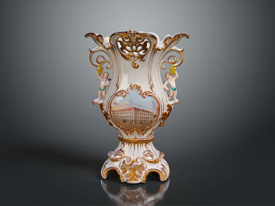 Exquisitely Carved Ceramic Vase With Golden Accents Cherubs And Architectural Design 3d model