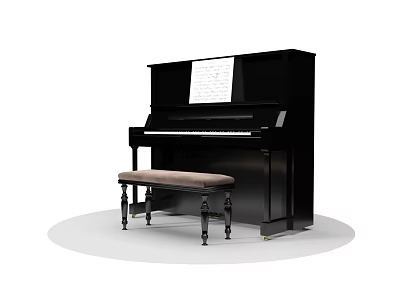 Black Upright Piano With Stool And Sheet Music For Musical Performance 3d model