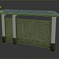 Traditional Wooden Entrance Gate With Green Roof White Pillars And Dark Bases