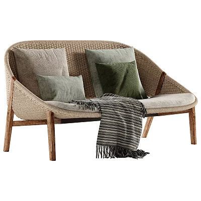 Stylish Two Seater Sofa with Rattan Frame Wooden Legs Green Pillows and Throw Blanket 3d model