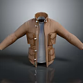 Brown Utility Jacket With Multiple Pockets Zipper Buttons And Stand Collar Design 3d model