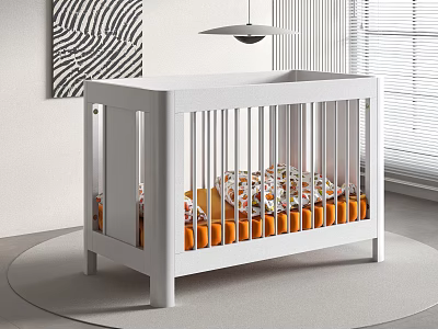 White Baby Crib with Floral Bedding and Orange Mattress in Modern Nursery Room 3d model