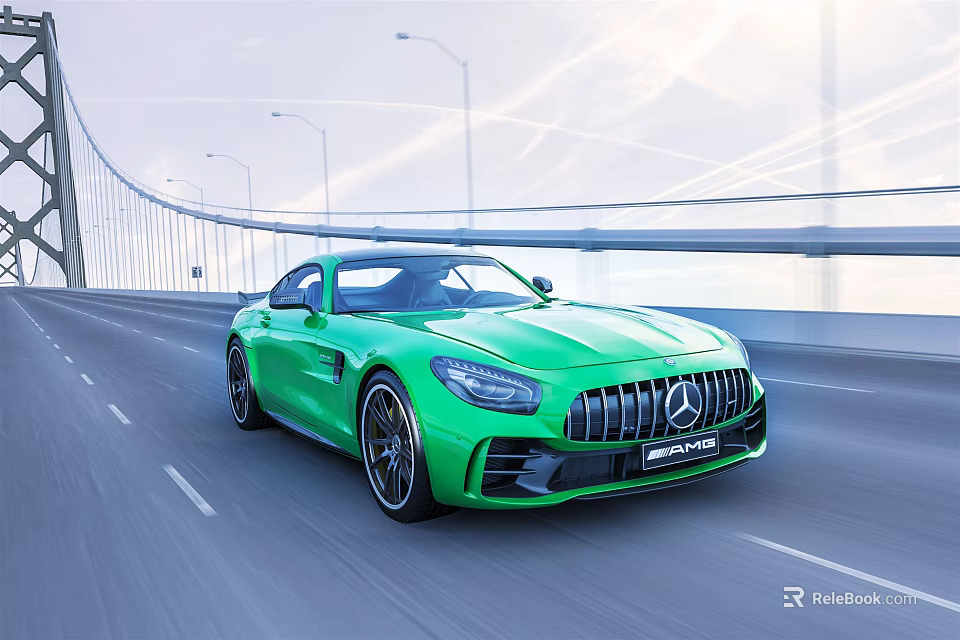 Green Mercedes AMG Sports Car Driving On Bridge Under Bright Sunlight 3d model 