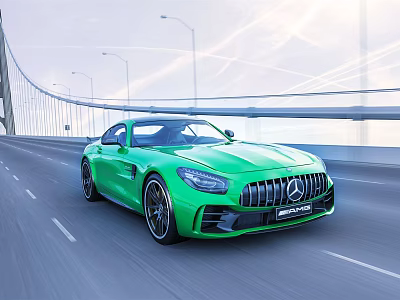 Green Mercedes AMG Sports Car Driving On Bridge Under Bright Sunlight 3d model