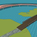 Curved Landscape Bridge Spanning Water Area Surrounded by Green Space with Walking Path