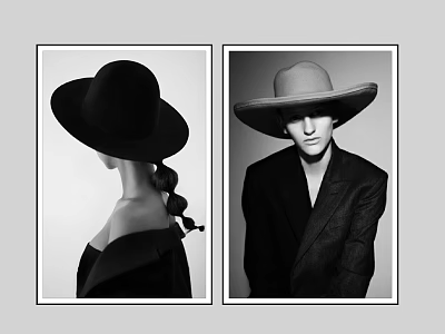 Two Black and White Portraits Featuring Figures in Wide Brimmed Hats Front and Back Views 3d model