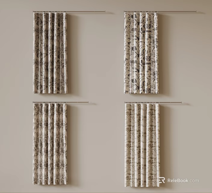 Different Curtain Designs Hanging On Wall With Various Patterns And Textures 3d model