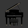 Elegant Black Grand Piano With Open Lid And Comfortable Gray Bench For Home Living