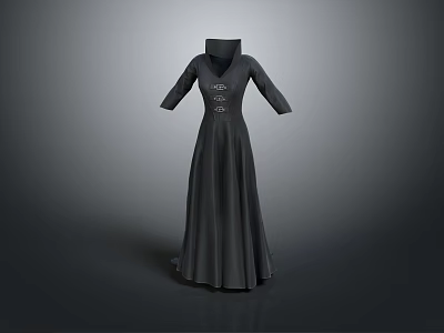 Black Long Dress With High Neck Mid Length Sleeves Fitted Waist And Metal Buckle Details 3d model