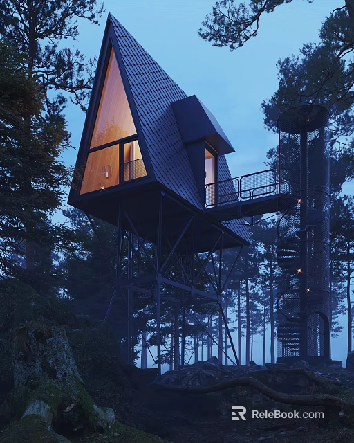 Treehouse Style Detached Villa Set in Woods With Black Roof Large Windows Balcony and Illuminated 3d model 