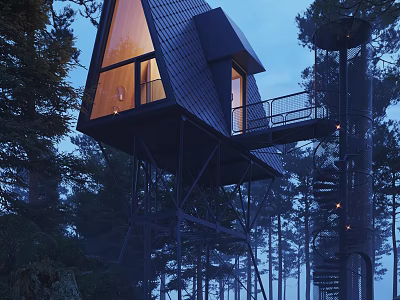 Treehouse Style Detached Villa Set in Woods With Black Roof Large Windows Balcony and Illuminated 3d model