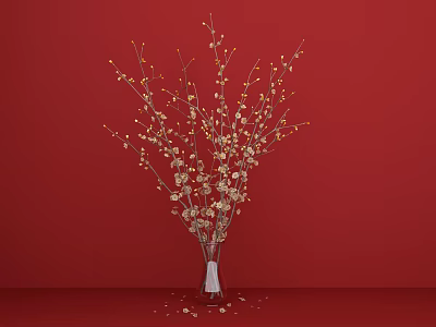 Transparent Vase With Yellow Small Flowers And Branches On Red Background With Scattered Petals 3d model