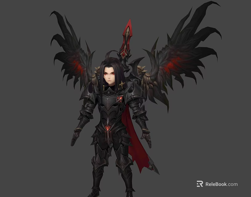 Fantasy Character in Black Armor with Creature-like Black Wings and Red Accents 3d model 