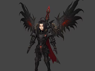 Fantasy Character in Black Armor with Creature-like Black Wings and Red Accents 3d model