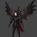 Fantasy Character in Black Armor with Creature-like Black Wings and Red Accents