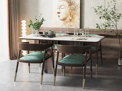 Modern Dining Table Set With Green Cushioned Chairs White Tabletop Green Plants And Wall Painting 3d model