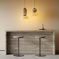 Modern Bar Counter with Stone Surface Two Bar Stools and Hanging Pendant Lights 3d model