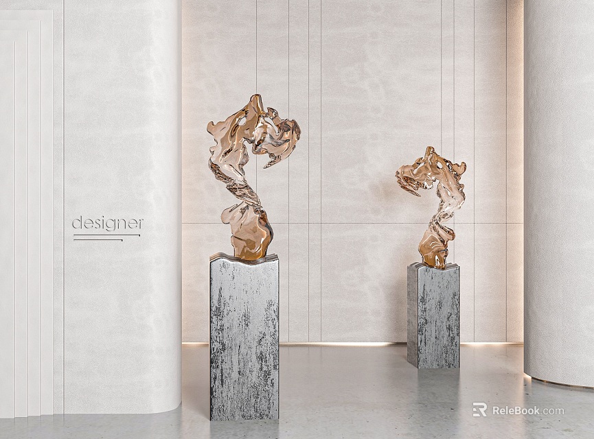 Two Abstract Metallic Sculptures With Flowing Forms On Gray Marble Bases In Modern Interior 3d model 