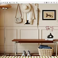 Wooden Bench In Entryway With Hanging Hat Coat Umbrella Wall Painting Vase Basket And Shoes