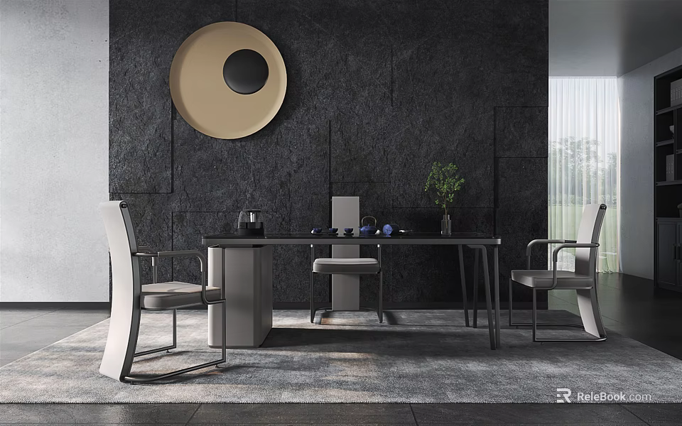 Modern Tea Table and Chairs With Tea Set Decorative Plant and Round Wall Art 3d model 