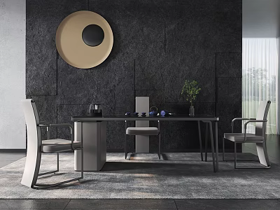 Modern Tea Table and Chairs With Tea Set Decorative Plant and Round Wall Art 3d model