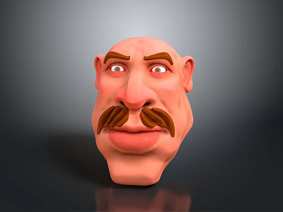 Cartoon Character Face 3D Model with Brown Mustache Exaggerated Eyes and Expressive Features 3d model
