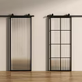 Modern Glass Barn Door With Black Frame Panel Design And Wooden Floor Interior