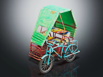 Vintage Tricycle With Green Canopy Blue Body Red Frame And Decorative Seat Details 3d model