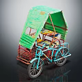 Vintage Tricycle With Green Canopy Blue Body Red Frame And Decorative Seat Details