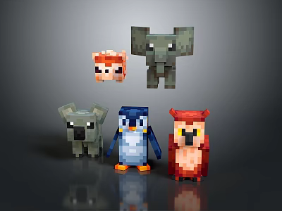 Cute Pixel Art Animal Characters Including Koala Penguin Owl And Elephant 3d model