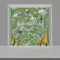 Window Display Decoration With Green Wavy Background Clouds Birds And Orange Trees 3d model