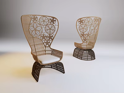 Stylish Rattan Outdoor Chairs With Decorative Backrest White Cushions And Black Legs 3d model