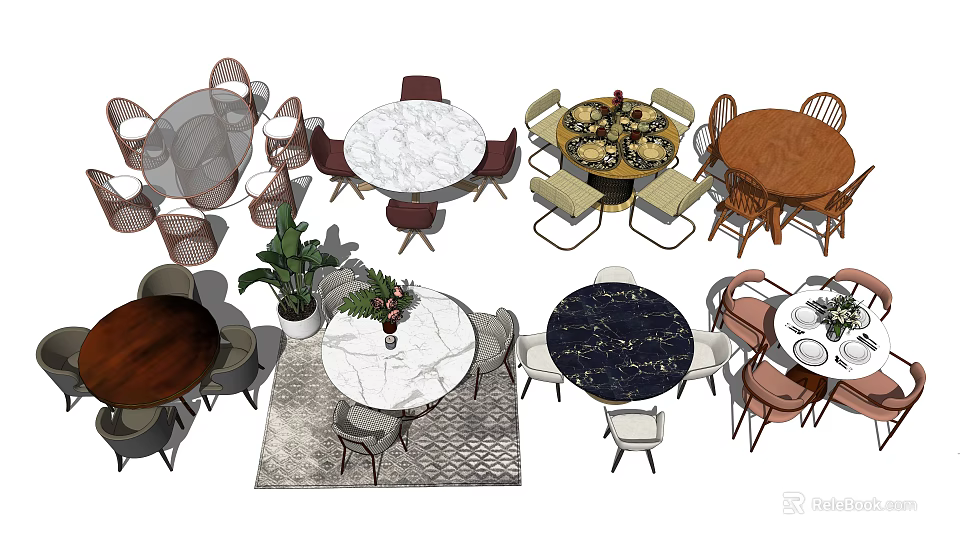 Modern Dining Table Sets With Marble Wooden Tops And Various Colored Chairs 3d model