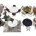 Modern Dining Table Sets With Marble Wooden Tops And Various Colored Chairs 3d model