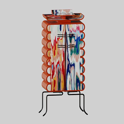 Modern Side Table With Orange Frame Colorful Abstract Pattern And Black Metal Legs 3d model