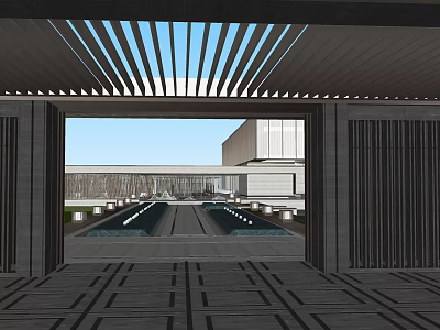 Modern Sales Office Building With Louvered Roof Entrance And Pool Courtyard Lighting 3d model