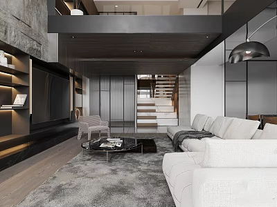 Modern Open Concept Dining Living Room Interior With White Sofa Dining Table And Minimalist Pendant Lighting 3d model