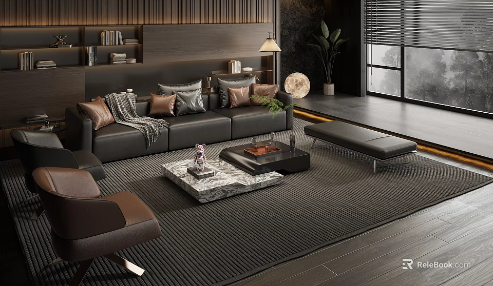 Modern Living Room Interior Design With Grey Sofa Marble Coffee Table And Area Rug 3d model 