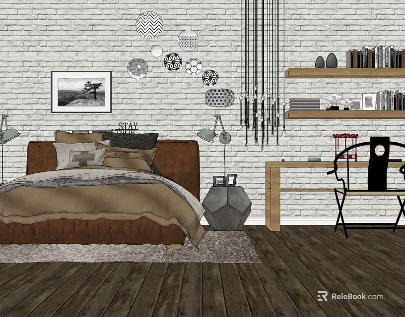 Cozy Double Bed In Modern Bedroom With Pillows White Brick Wall Wooden Floor Hanging Lights 3d model 