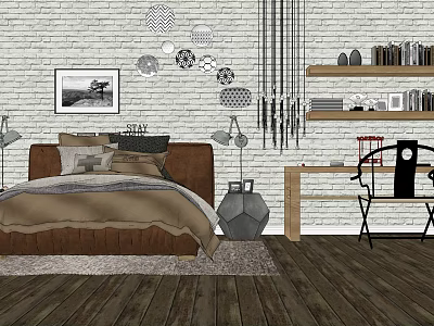 Cozy Double Bed In Modern Bedroom With Pillows White Brick Wall Wooden Floor Hanging Lights 3d model