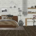 Cozy Double Bed In Modern Bedroom With Pillows White Brick Wall Wooden Floor Hanging Lights