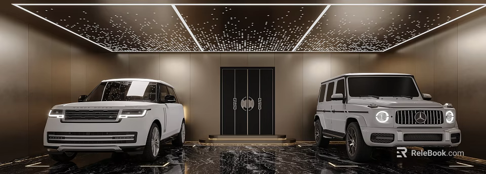 Luxury Basement Garage Design With Cars Starry Ceiling And Marble Flooring 3d model 