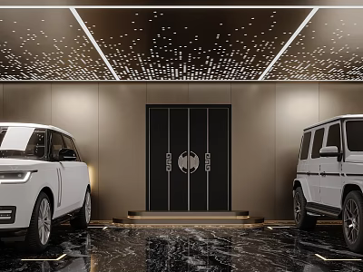 Luxury Basement Garage Design With Cars Starry Ceiling And Marble Flooring 3d model