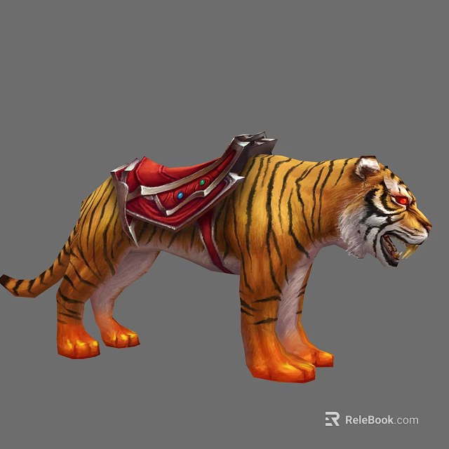 Fantasy Tiger With Red Saddle Orange Paws And Open Mouth 3d model 