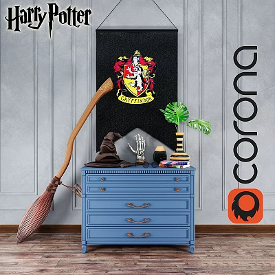 Wall Hanging Decor With Blue Chest Of Drawers Broom Hat Skeleton Hand And Green Plant 3d model