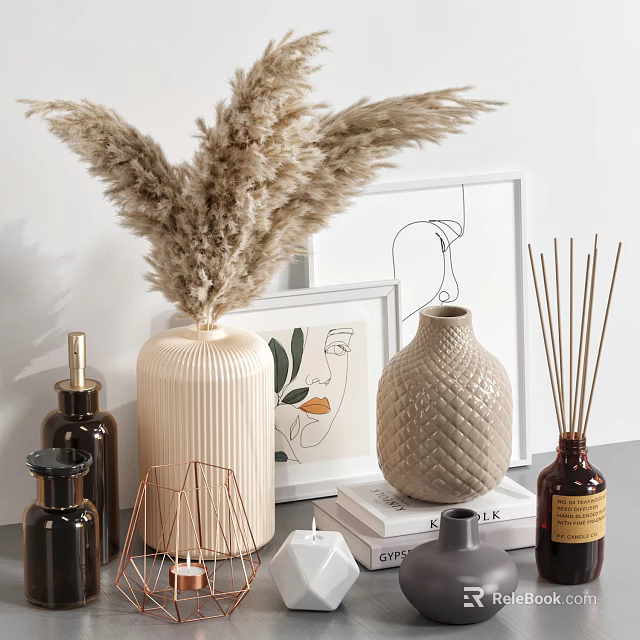 Decorative Ornaments Set with Pampas Grass Vases Reed Diffuser and Framed Art Decor 3d model 