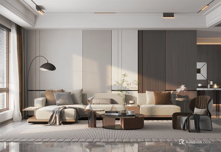 Modern Living Room With Beige Sofa Throw Pillows Wooden Coffee Table Floor Lamp And Rug 3d model 