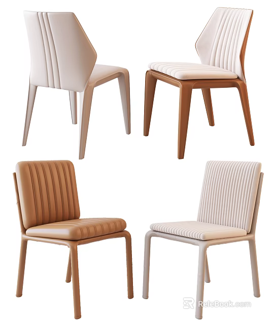 Modern Dining Chairs With Ribbed Backrest Padded Seats And Wooden Legs In Brown Beige White 3d model 