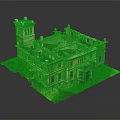 Cartoon Scene Featuring Dilapidated Yellow Building Model With Tower Damaged Roof Windows And Green Plants