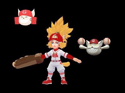 Blonde Haired Baseball Character In Red White Uniform With Small Creatures And Baseball Glove 3d model